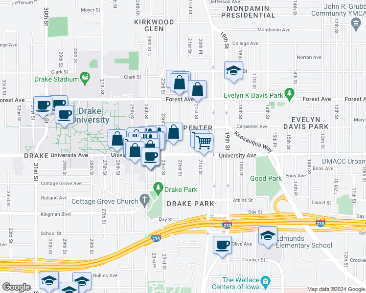 map of restaurants, bars, coffee shops, grocery stores, and more near 1211 22nd Street in Des Moines