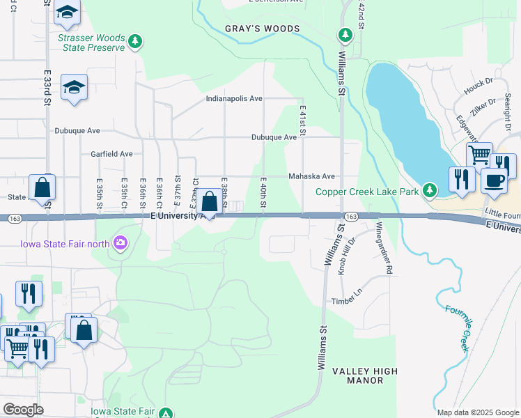 map of restaurants, bars, coffee shops, grocery stores, and more near 3944 East University Avenue in Des Moines