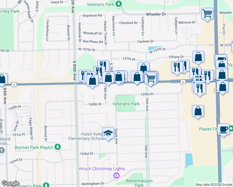 map of restaurants, bars, coffee shops, grocery stores, and more near 7772 159th Place in Tinley Park