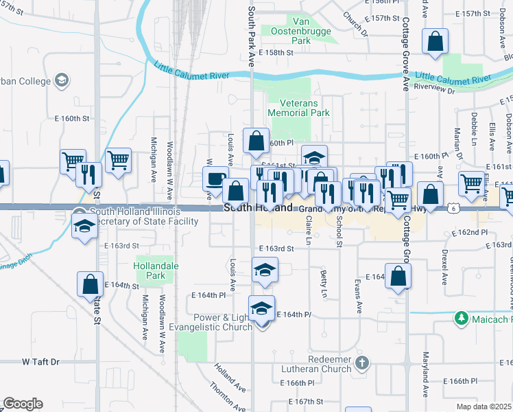 map of restaurants, bars, coffee shops, grocery stores, and more near 439 East 162nd Street in South Holland