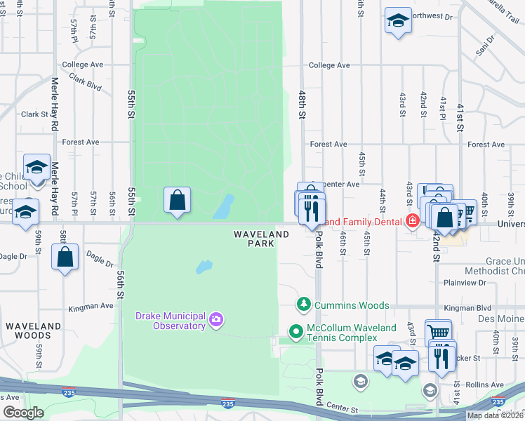 map of restaurants, bars, coffee shops, grocery stores, and more near 4909 University Avenue in Des Moines