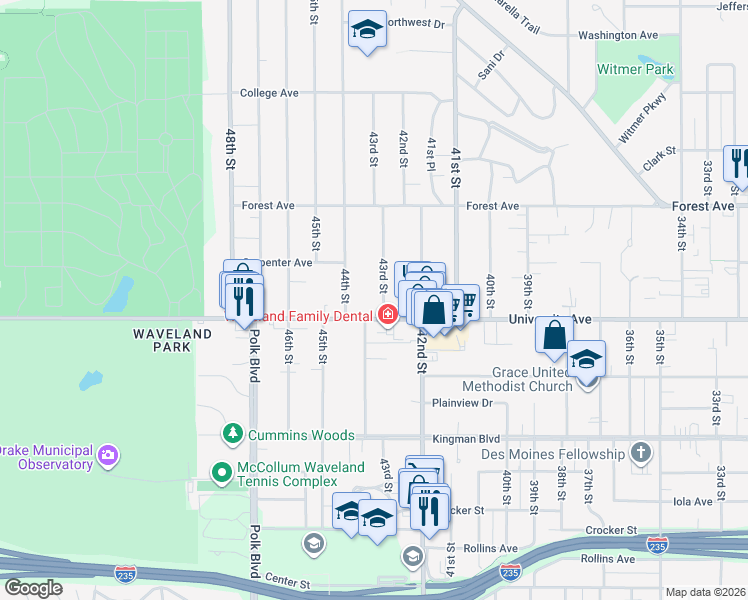 map of restaurants, bars, coffee shops, grocery stores, and more near 1214 43rd Street in Des Moines