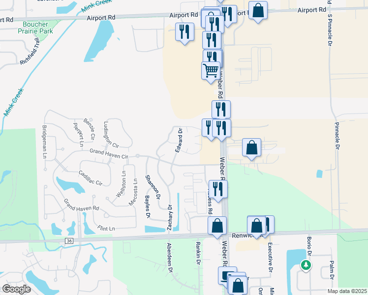 map of restaurants, bars, coffee shops, grocery stores, and more near 605 Edward Drive in Romeoville