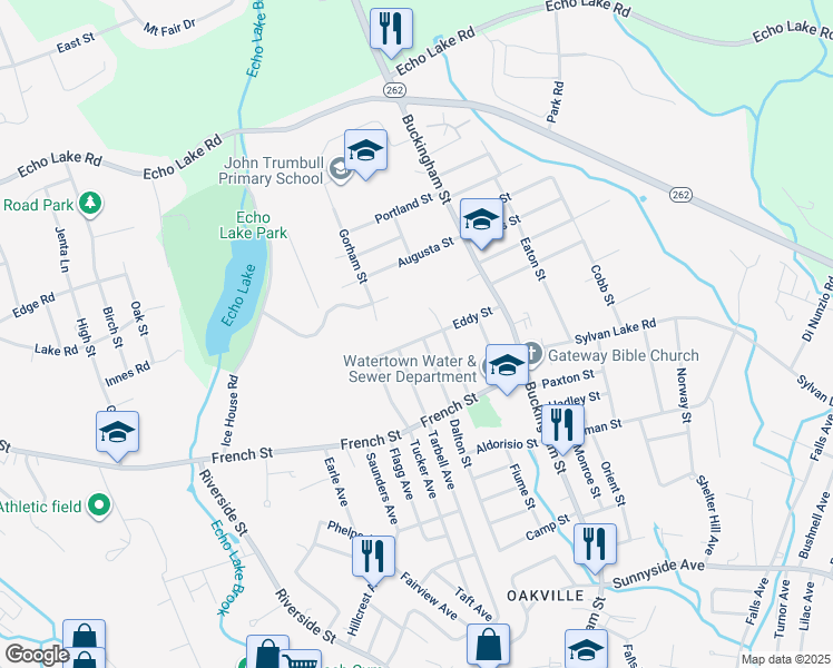 map of restaurants, bars, coffee shops, grocery stores, and more near 98 Eddy Street in Watertown
