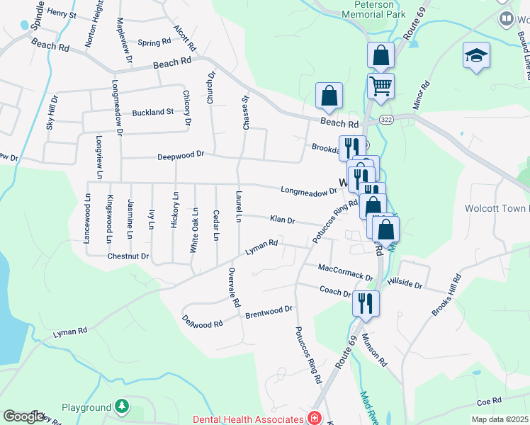 map of restaurants, bars, coffee shops, grocery stores, and more near 55 Klan Drive in Wolcott