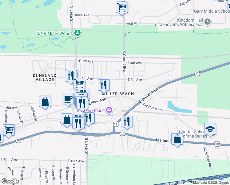 map of restaurants, bars, coffee shops, grocery stores, and more near 516 South Huntington Street in Gary