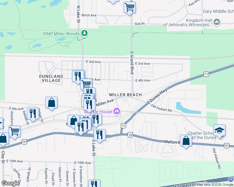 map of restaurants, bars, coffee shops, grocery stores, and more near 516 South Huntington Street in Gary
