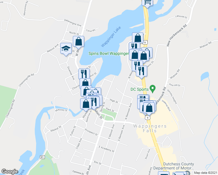 map of restaurants, bars, coffee shops, grocery stores, and more near 35 Spring Street in Wappingers Falls