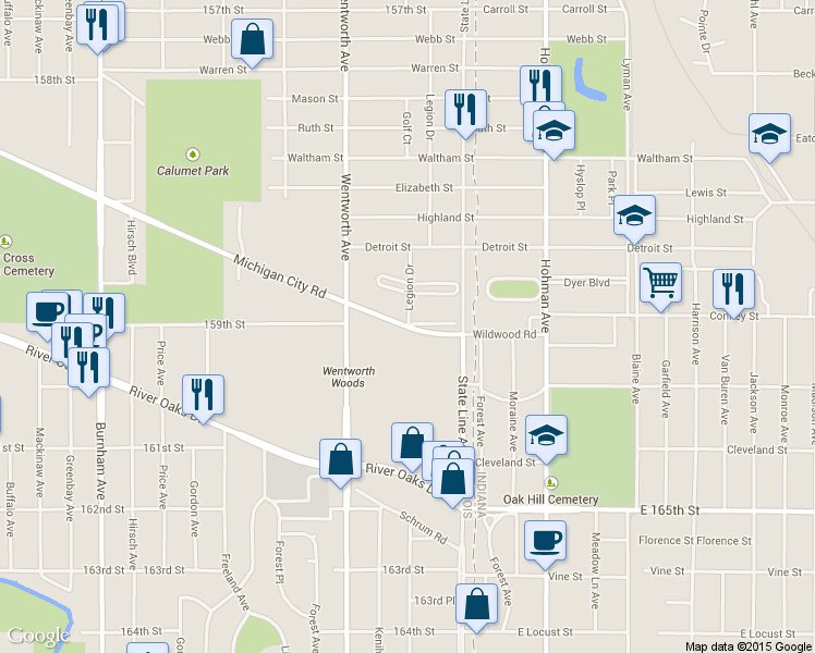 map of restaurants, bars, coffee shops, grocery stores, and more near 3 159th St in Calumet City