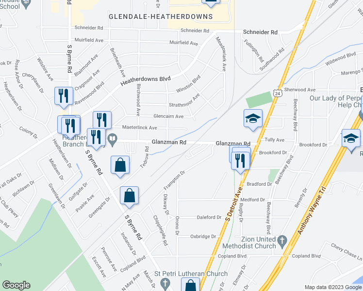 map of restaurants, bars, coffee shops, grocery stores, and more near 3015 Glanzman Road in Toledo