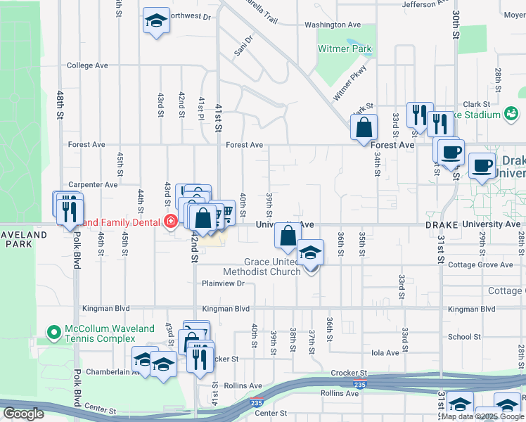 map of restaurants, bars, coffee shops, grocery stores, and more near 1216 39th St in Des Moines