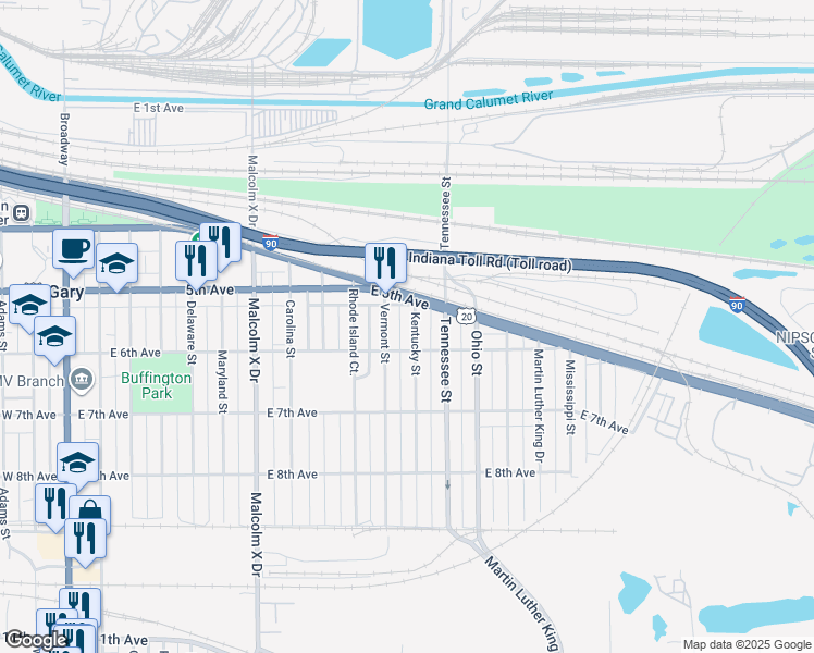 map of restaurants, bars, coffee shops, grocery stores, and more near 548 Kentucky Street in Gary