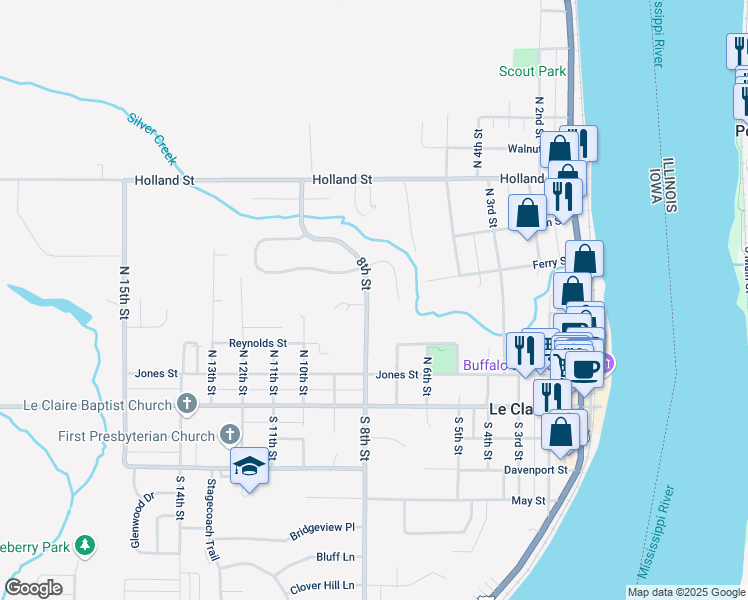 map of restaurants, bars, coffee shops, grocery stores, and more near 309 8th Street in Le Claire