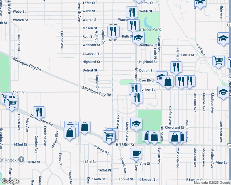 map of restaurants, bars, coffee shops, grocery stores, and more near 7 Wildwood Road in Hammond