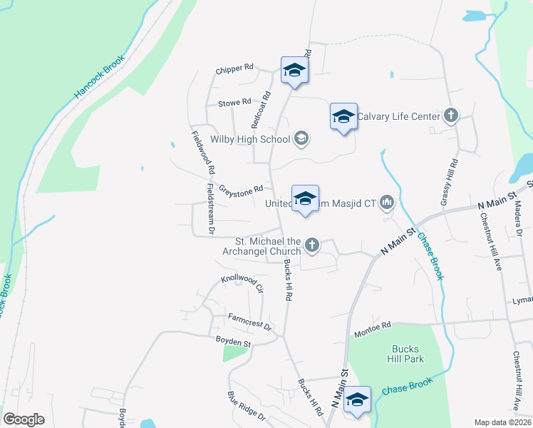 map of restaurants, bars, coffee shops, grocery stores, and more near 85 Brookfield Road in Waterbury