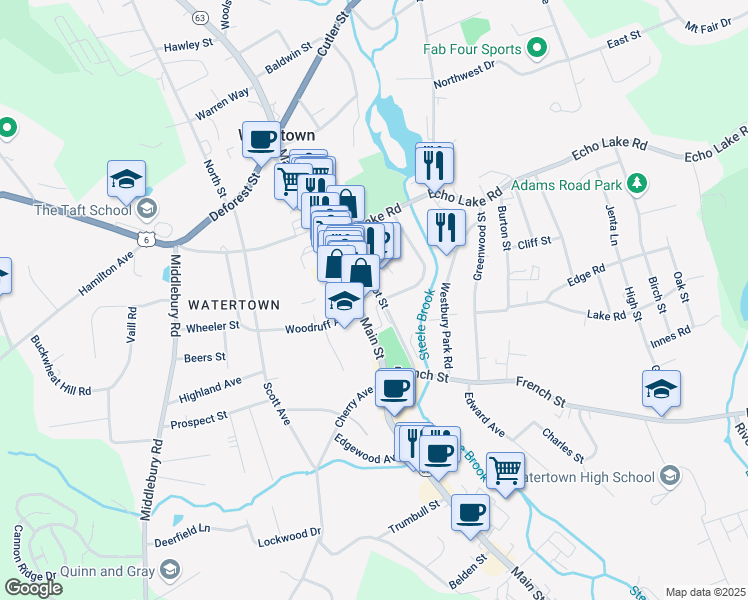 map of restaurants, bars, coffee shops, grocery stores, and more near 16 Pythian Avenue in Watertown