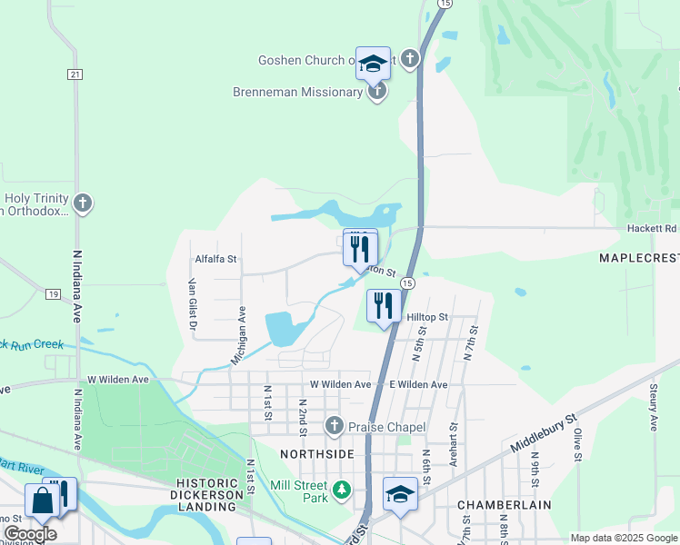 map of restaurants, bars, coffee shops, grocery stores, and more near 312 Stone Drive in Goshen