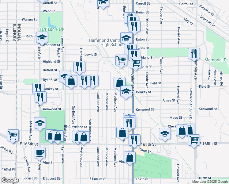 map of restaurants, bars, coffee shops, grocery stores, and more near 650 Conkey Street in Hammond