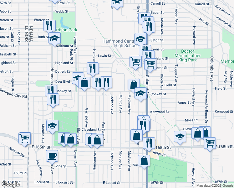 map of restaurants, bars, coffee shops, grocery stores, and more near 618 Conkey Street in Hammond