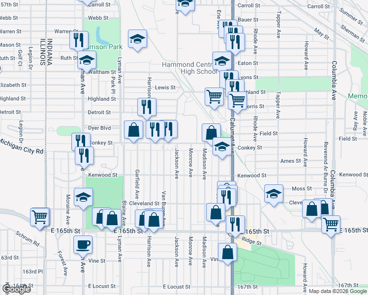 map of restaurants, bars, coffee shops, grocery stores, and more near 618 Conkey Street in Hammond