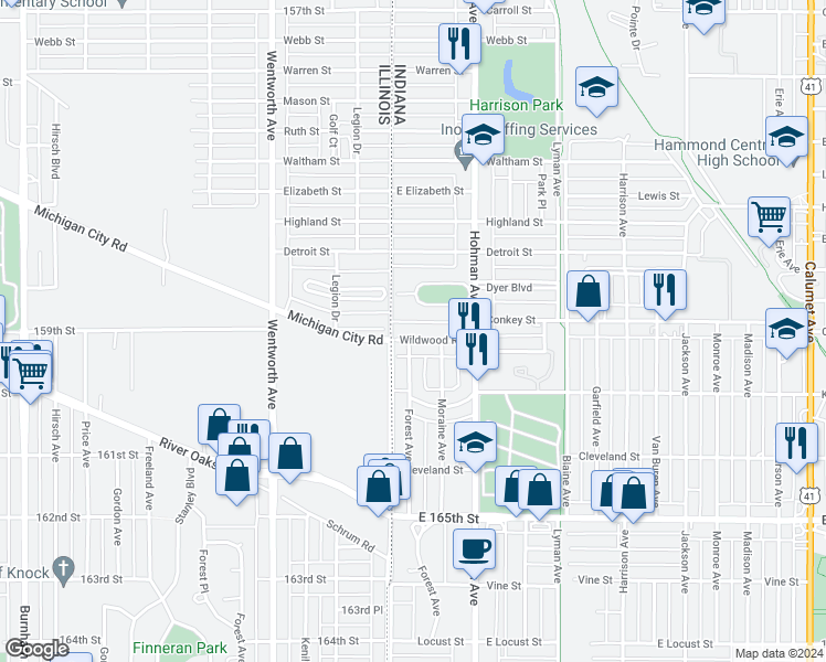 map of restaurants, bars, coffee shops, grocery stores, and more near 7 Wildwood Road in Hammond