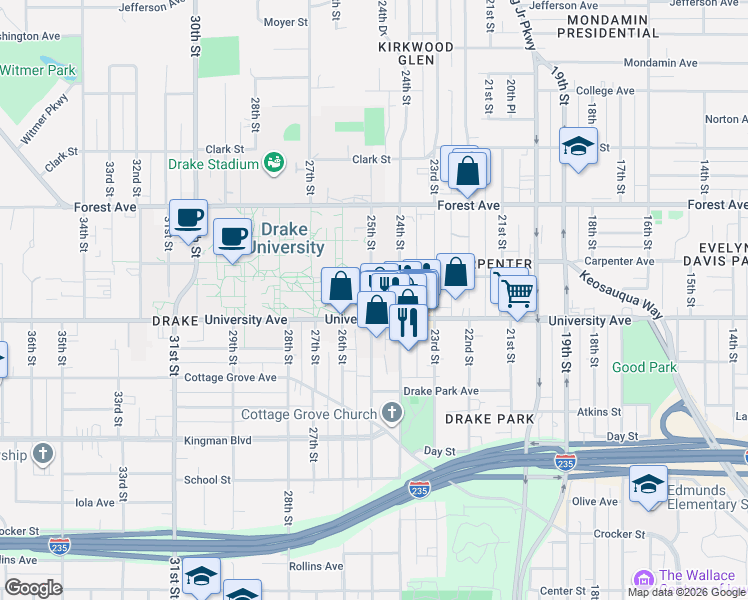 map of restaurants, bars, coffee shops, grocery stores, and more near 1215 25th Street in Des Moines