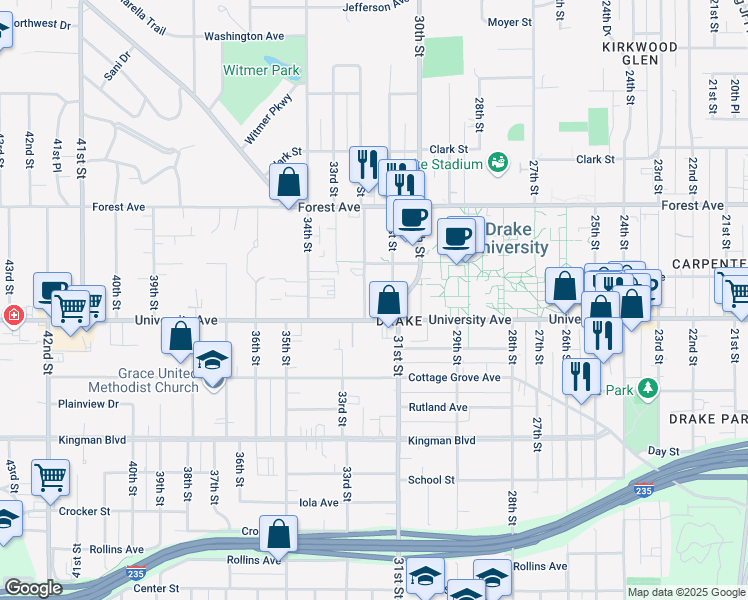 map of restaurants, bars, coffee shops, grocery stores, and more near in Des Moines