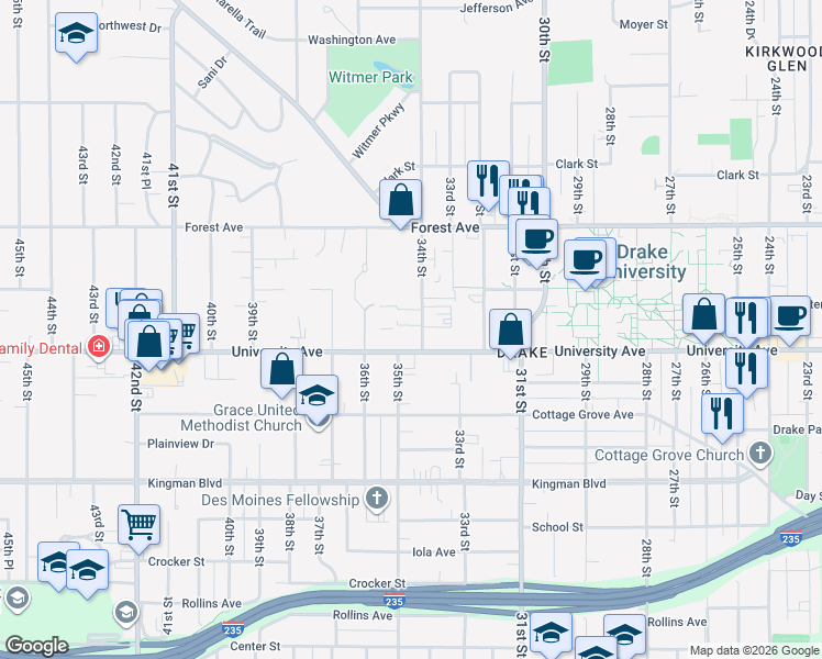 map of restaurants, bars, coffee shops, grocery stores, and more near 1215 34th Street in Des Moines