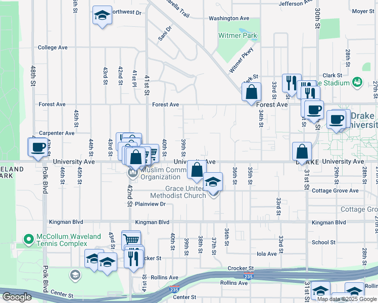 map of restaurants, bars, coffee shops, grocery stores, and more near 3821 University Avenue in Des Moines
