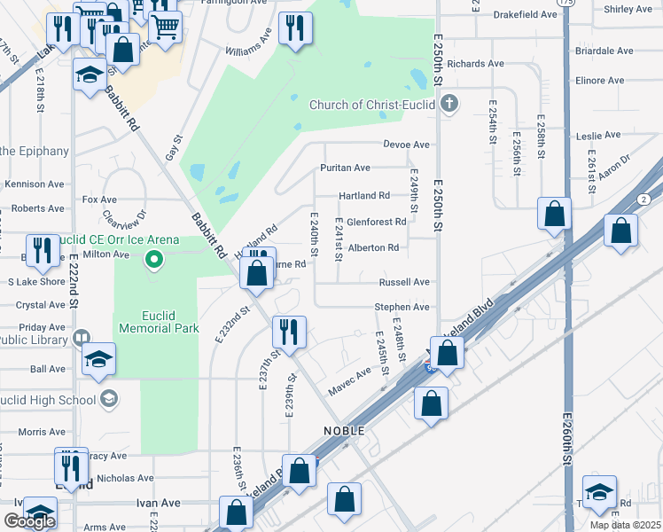 map of restaurants, bars, coffee shops, grocery stores, and more near 732 E 241st St in Euclid