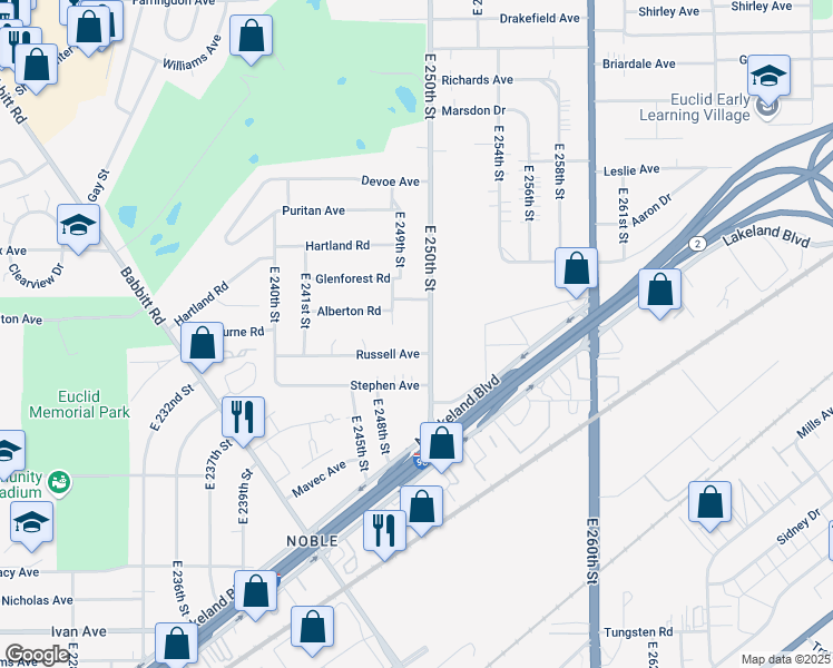 map of restaurants, bars, coffee shops, grocery stores, and more near 846 East 250th Street in Euclid