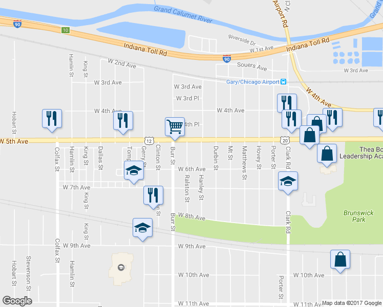 map of restaurants, bars, coffee shops, grocery stores, and more near 533 Ralston Street in Gary