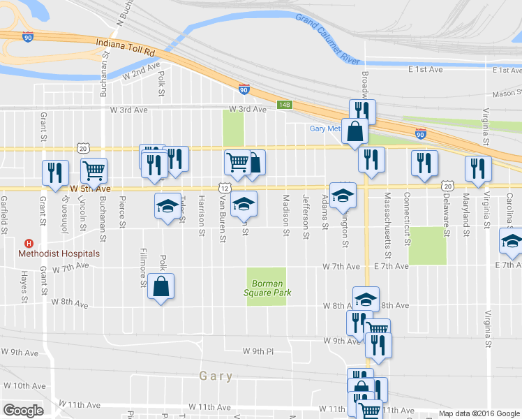 map of restaurants, bars, coffee shops, grocery stores, and more near 540 Monroe St in Gary
