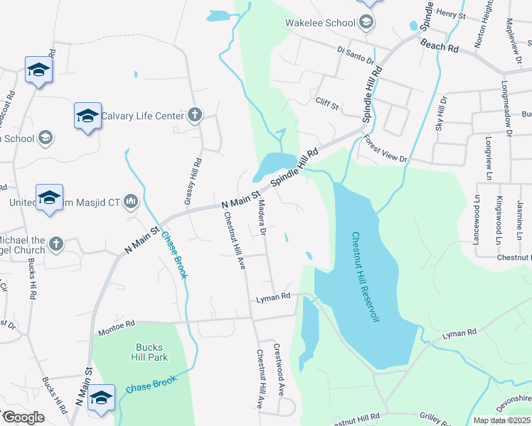 map of restaurants, bars, coffee shops, grocery stores, and more near 136 Madera Drive in Waterbury