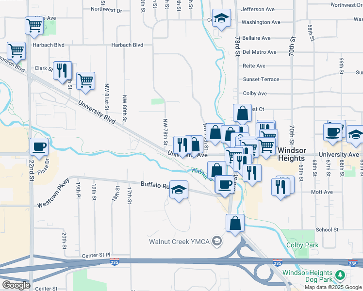 map of restaurants, bars, coffee shops, grocery stores, and more near 7605 University Avenue in Clive