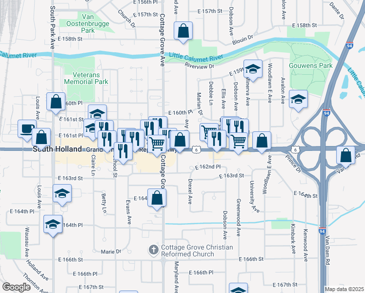 map of restaurants, bars, coffee shops, grocery stores, and more near 900 East 162nd Street in South Holland