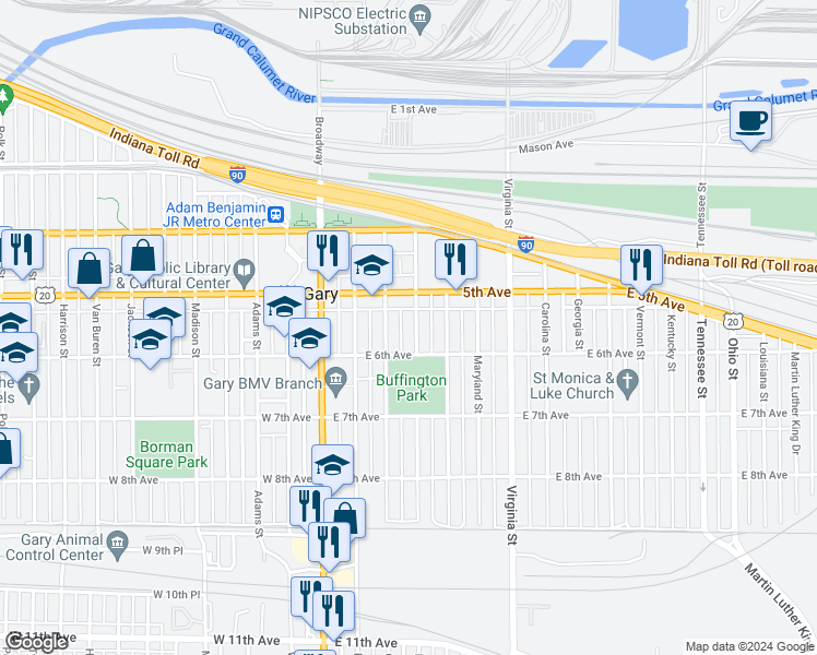 map of restaurants, bars, coffee shops, grocery stores, and more near 544 Pennsylvania Street in Gary