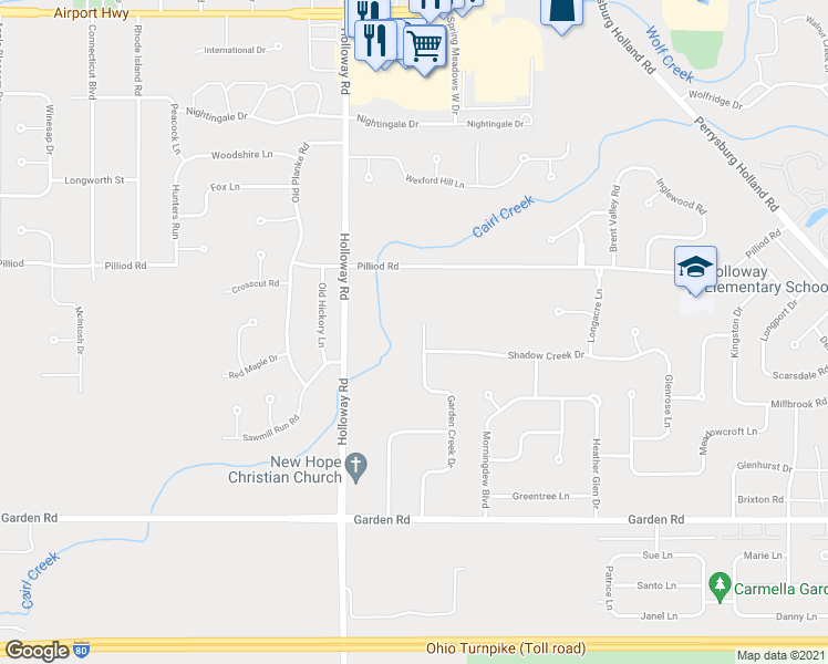 map of restaurants, bars, coffee shops, grocery stores, and more near 2204 Garden Creek Drive in Maumee