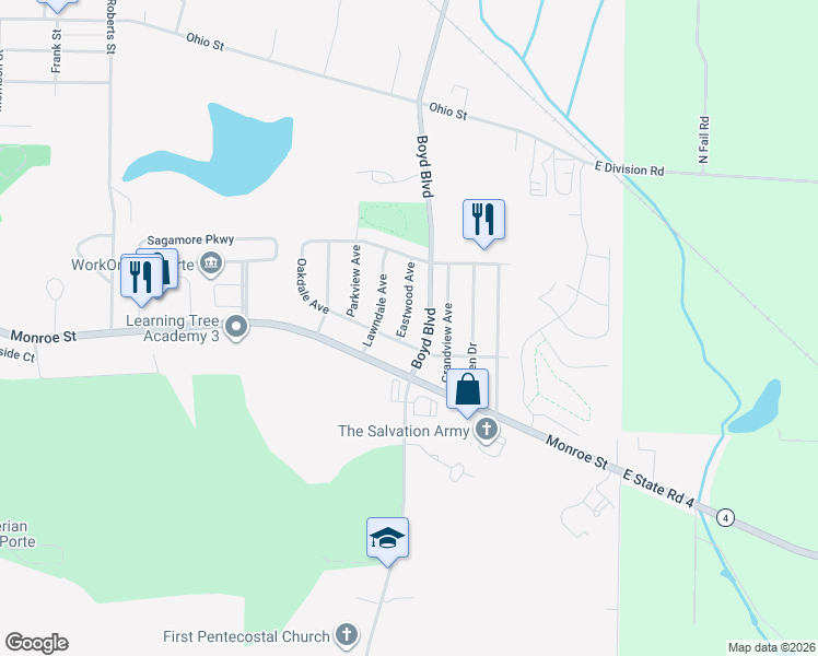 map of restaurants, bars, coffee shops, grocery stores, and more near 103 Eastwood Avenue in La Porte