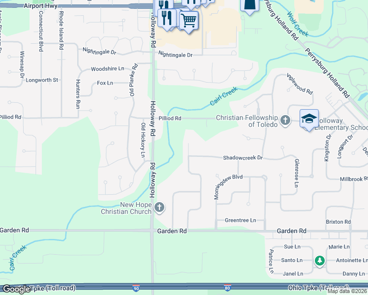 map of restaurants, bars, coffee shops, grocery stores, and more near 2204 Garden Creek Drive in Maumee