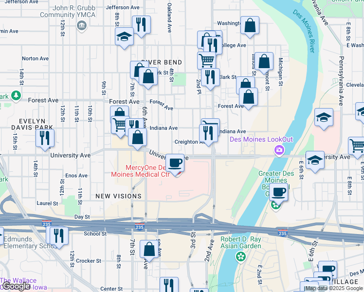 map of restaurants, bars, coffee shops, grocery stores, and more near 320 Creighton Avenue in Des Moines