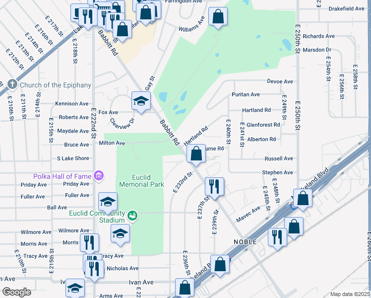map of restaurants, bars, coffee shops, grocery stores, and more near 651 Babbitt Road in Euclid