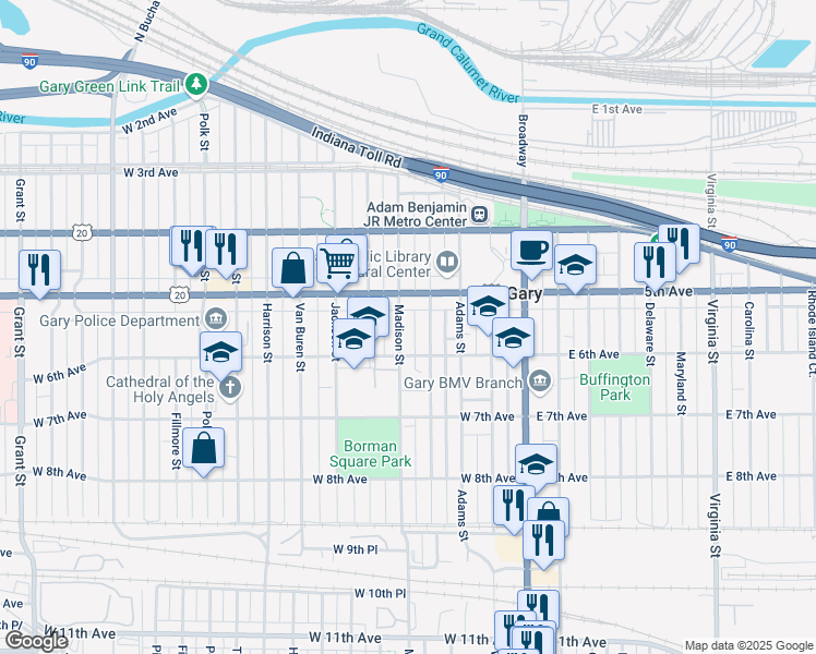 map of restaurants, bars, coffee shops, grocery stores, and more near 541 Madison Street in Gary