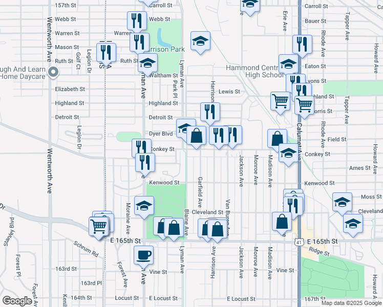 map of restaurants, bars, coffee shops, grocery stores, and more near 422 Conkey Street in Hammond