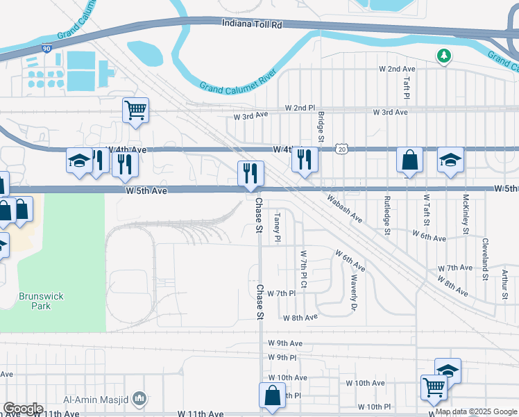 map of restaurants, bars, coffee shops, grocery stores, and more near 501 Taney Street in Gary