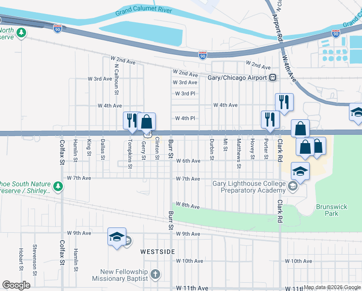 map of restaurants, bars, coffee shops, grocery stores, and more near 533 Ralston Street in Gary