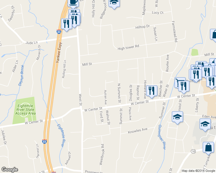 map of restaurants, bars, coffee shops, grocery stores, and more near 85 Autran Avenue in Southington