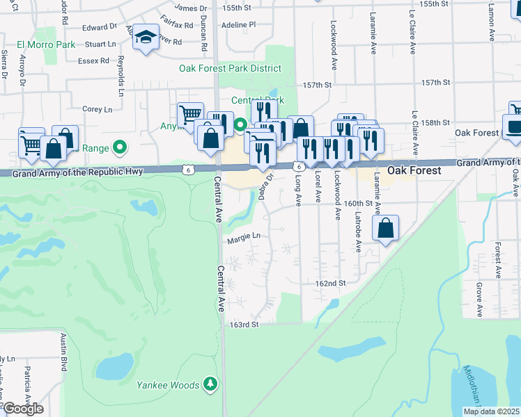 map of restaurants, bars, coffee shops, grocery stores, and more near 15956 Debra Drive in Oak Forest