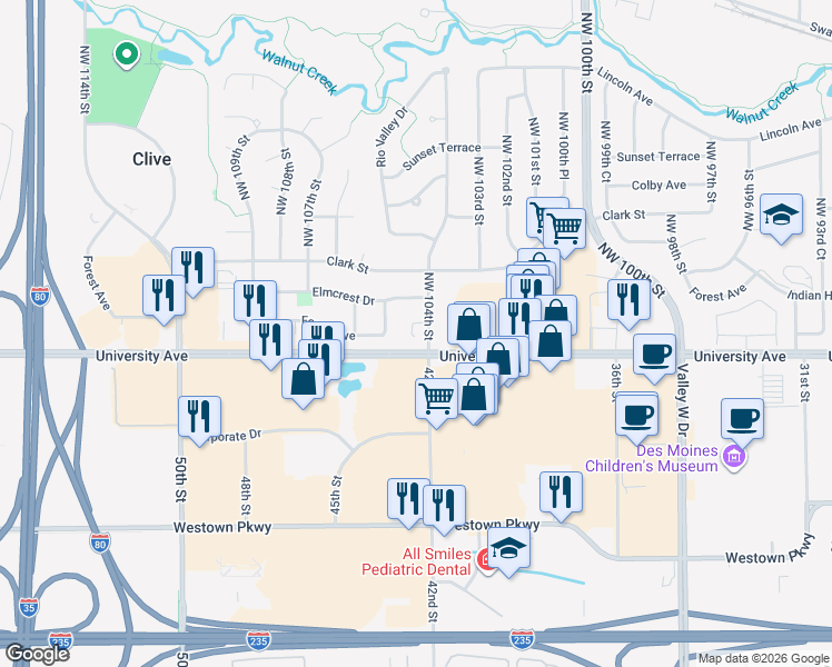 map of restaurants, bars, coffee shops, grocery stores, and more near 1259 Forest Circle in Clive