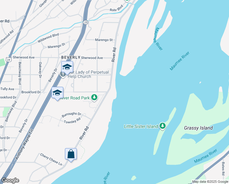 map of restaurants, bars, coffee shops, grocery stores, and more near 3557 River Road in Toledo